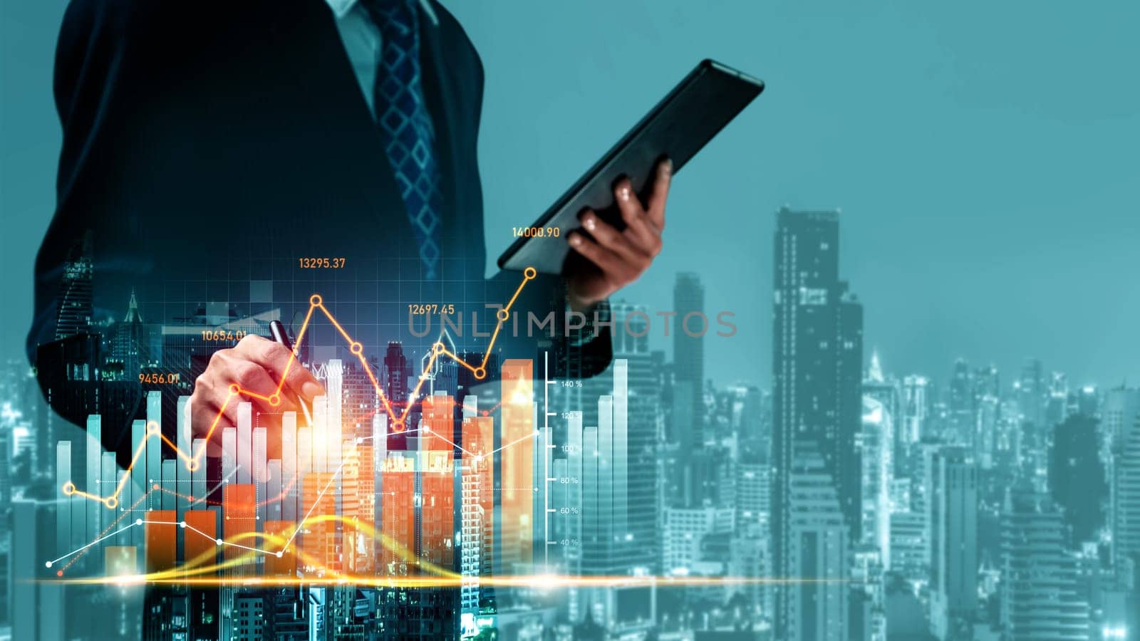 Businessman analyst working with digital finance business data graph showing technology of investment strategy for perceptive financial business decision. Digital economic analysis technology concept.