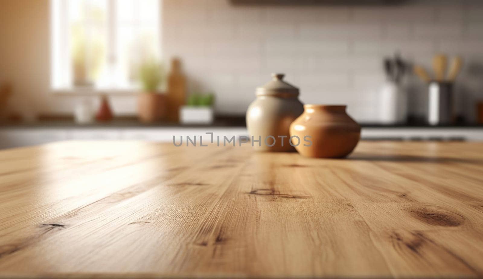 wood table top with blur bokeh modern kitchen interior background. Montage style to dispaly the product. Ai generative