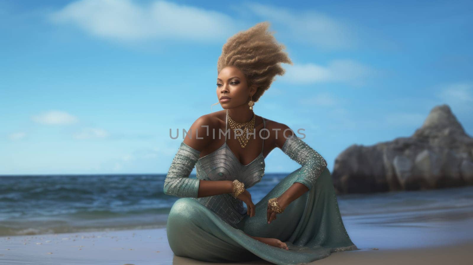 Stylish beautiful african american woman in a blue-silver luxurious dress sits on the beach, near the sea, looks away . Ai generative