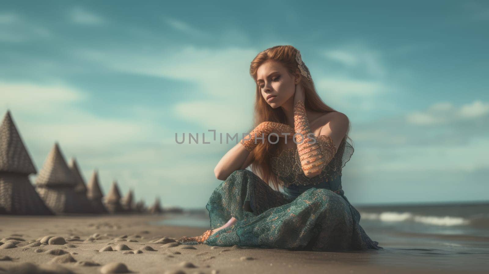 Pretty girl, in a dress, sits on the beach, near the sea. Ai generative