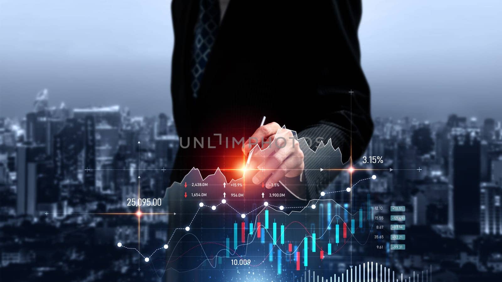 Businessman analyst working with digital finance business data graph showing technology of investment strategy for perceptive financial business decision. Digital economic analysis technology concept.
