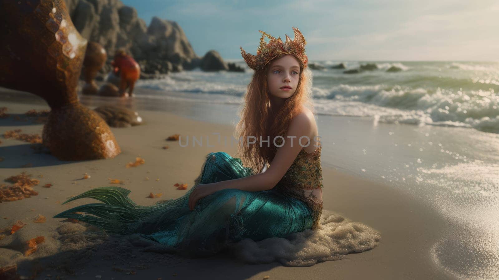 Young pretty girl , in a mermaid costume and crown, sits on the beach, near the sea, looking at the side of the sea. Ai generative