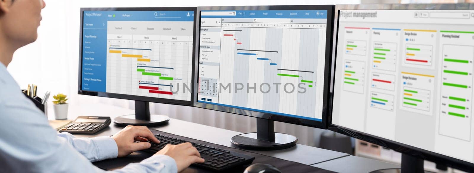 Project manager planning schedules for business task on office using gantt chart software display on screen. Modern business management and work flow organization. Trailblazing