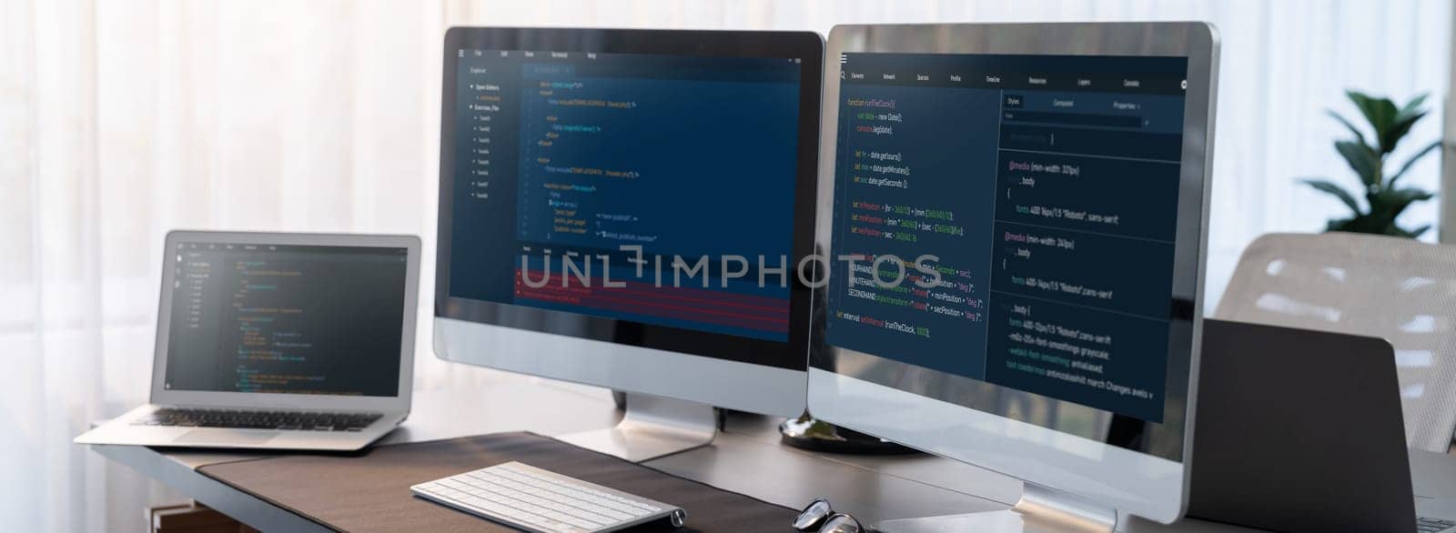 Software development interface display coding script on monitor. Empty tech developer company office with computer screen showing developing software code or website design. Trailblazing