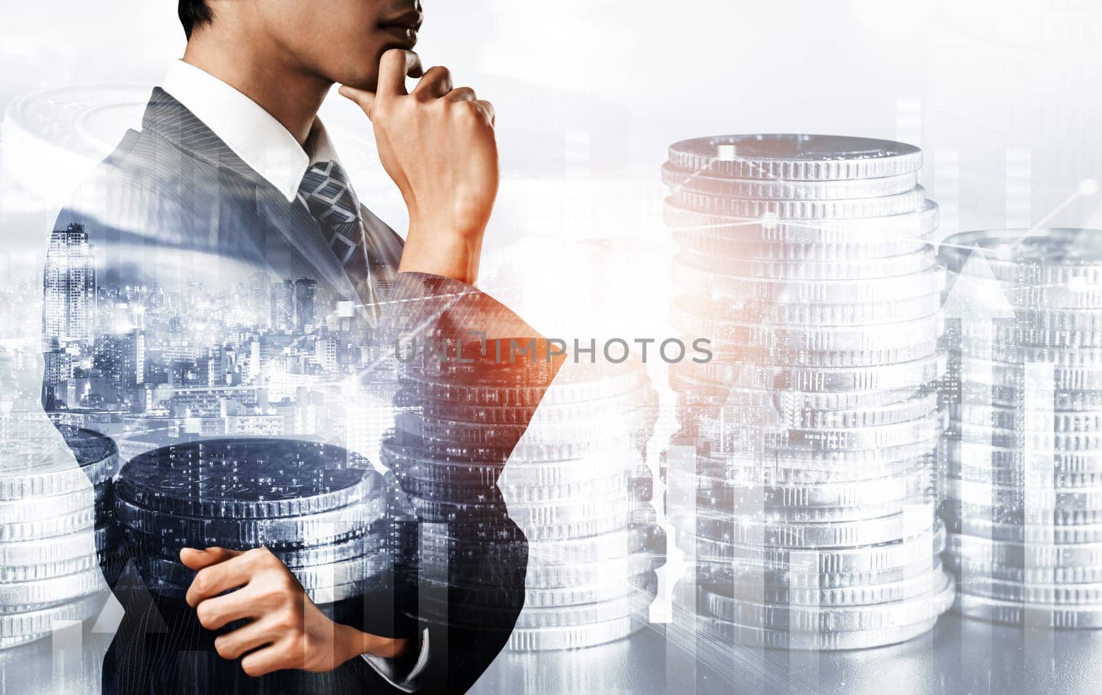 Businessman analyst working with digital finance business data graph showing technology of investment strategy for perceptive financial business decision. Digital economic analysis technology concept.