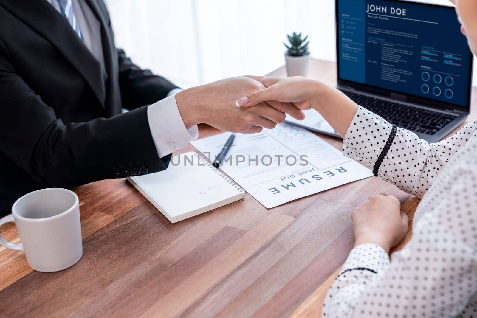 Happy business people shake hands after successful meeting or job interview with resume. HR manager reach hand with congratulatory handshake to job applicant welcoming new employee. Jubilant