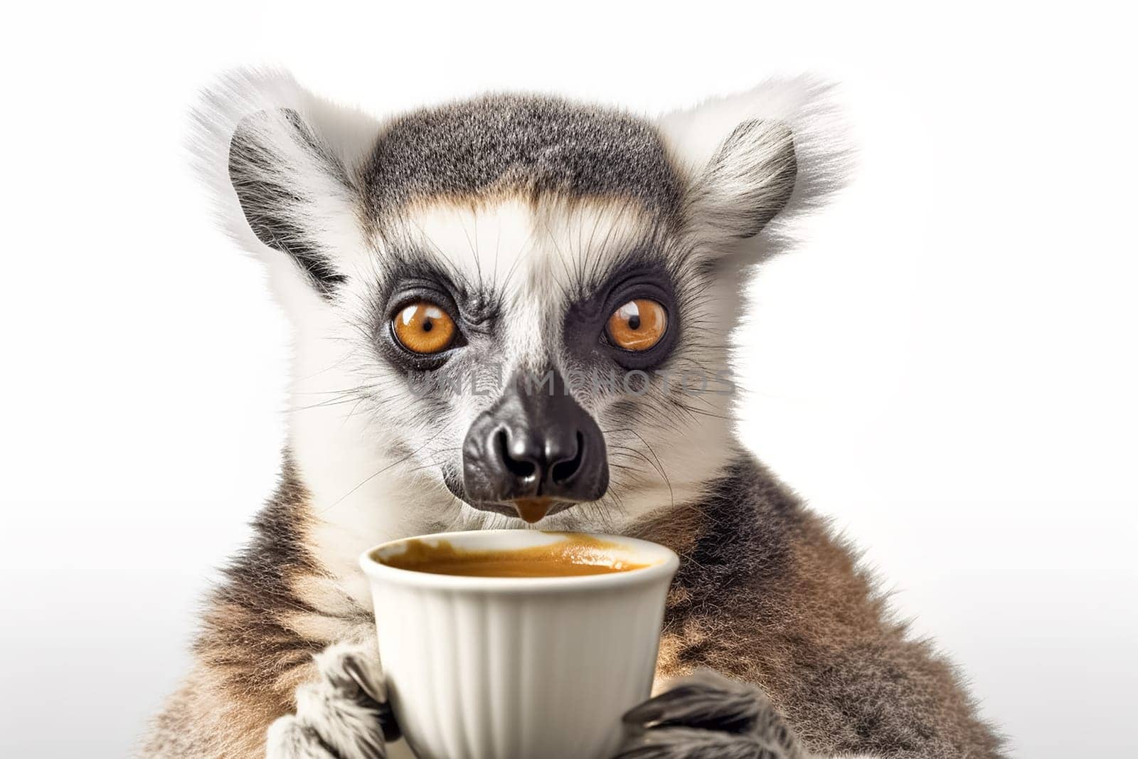 Portrait of Ring-tailed lemur or catta drinking coffee from white coffee cup isolated white background.