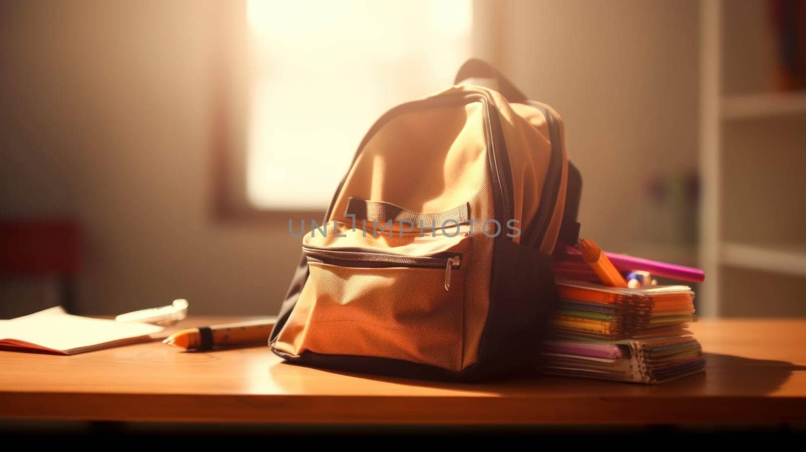 Orange backpack with school supplies on table. Back to school concept. Generative ai