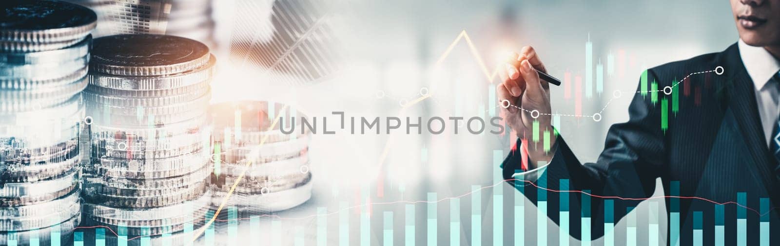 Businessman analyst working with digital finance business data graph showing technology of investment strategy for perceptive financial business decision. Digital economic analysis technology concept.