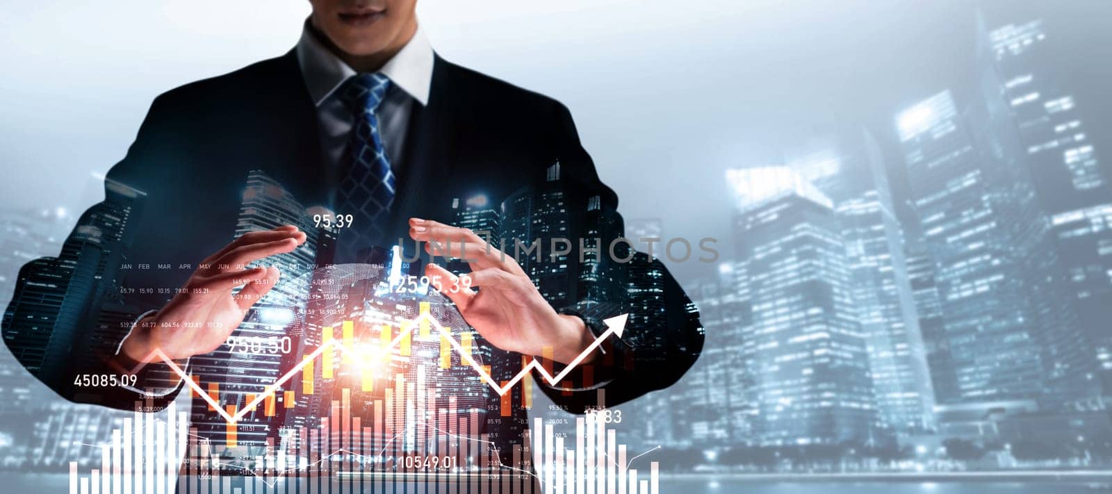 Businessman analyst working with digital finance business data graph showing technology of investment strategy for perceptive financial business decision. Digital economic analysis technology concept.