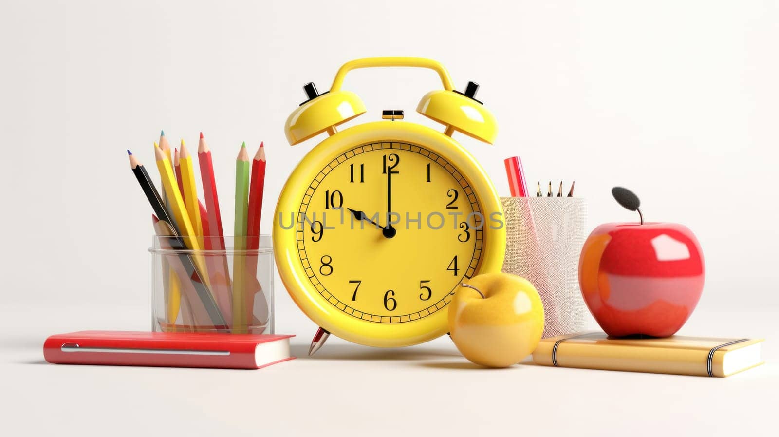 Colorful school supplies, yellow alarm clock on white background. Back to school. Generative ai