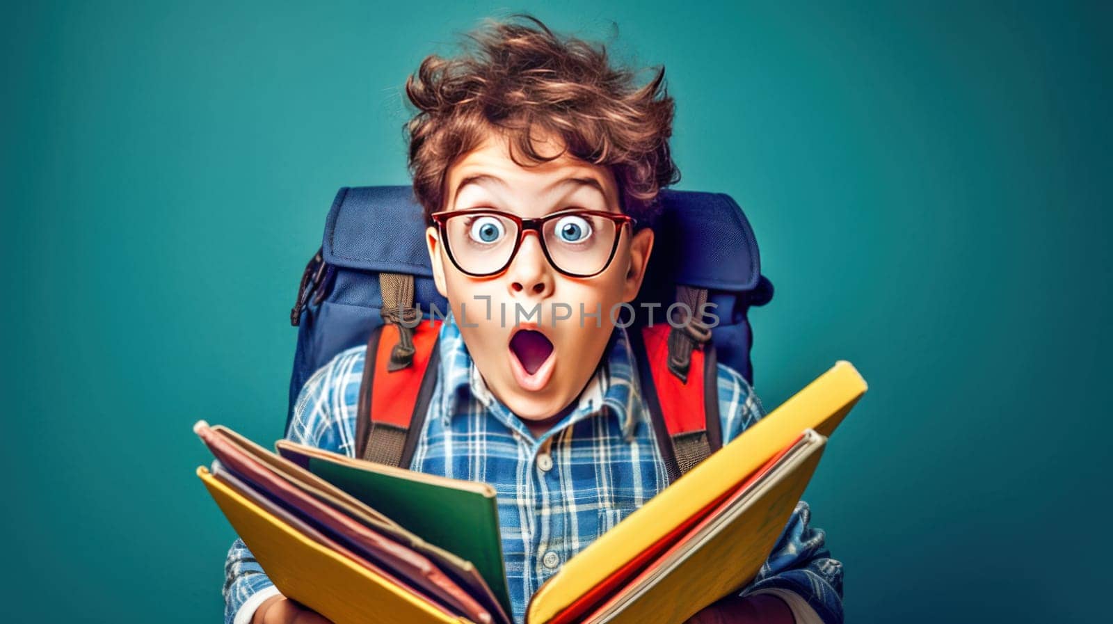Surprised little boy in glasses with backpack reading book on blue background. Back to school. Generative Ai
