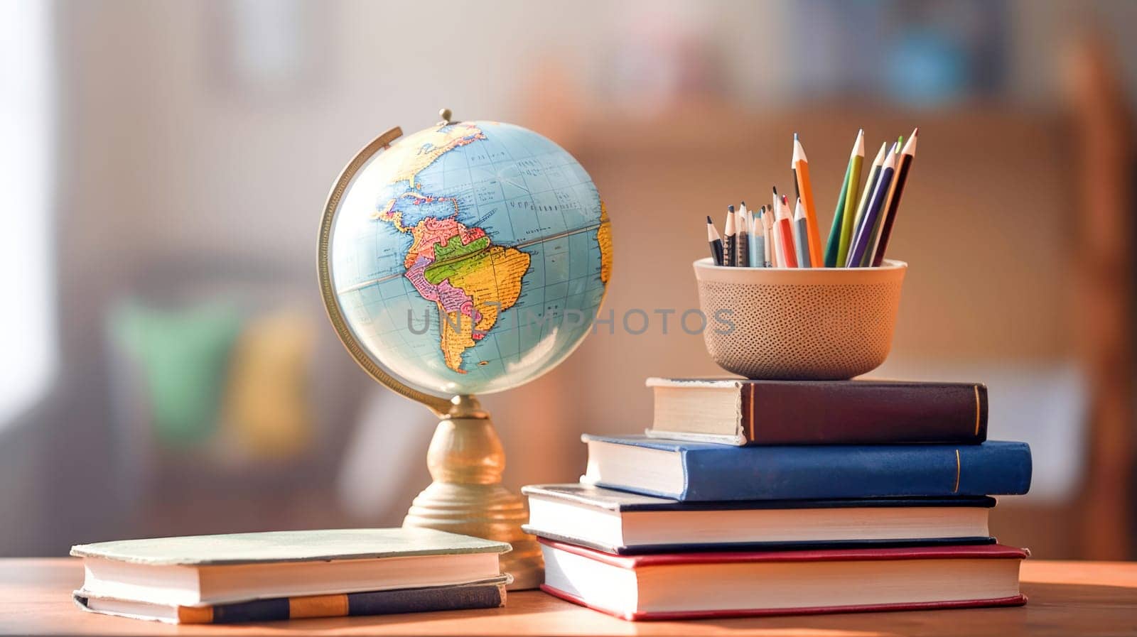 School supplies next to the globe and stack of books on the classroom background. Back to school. Generative ai