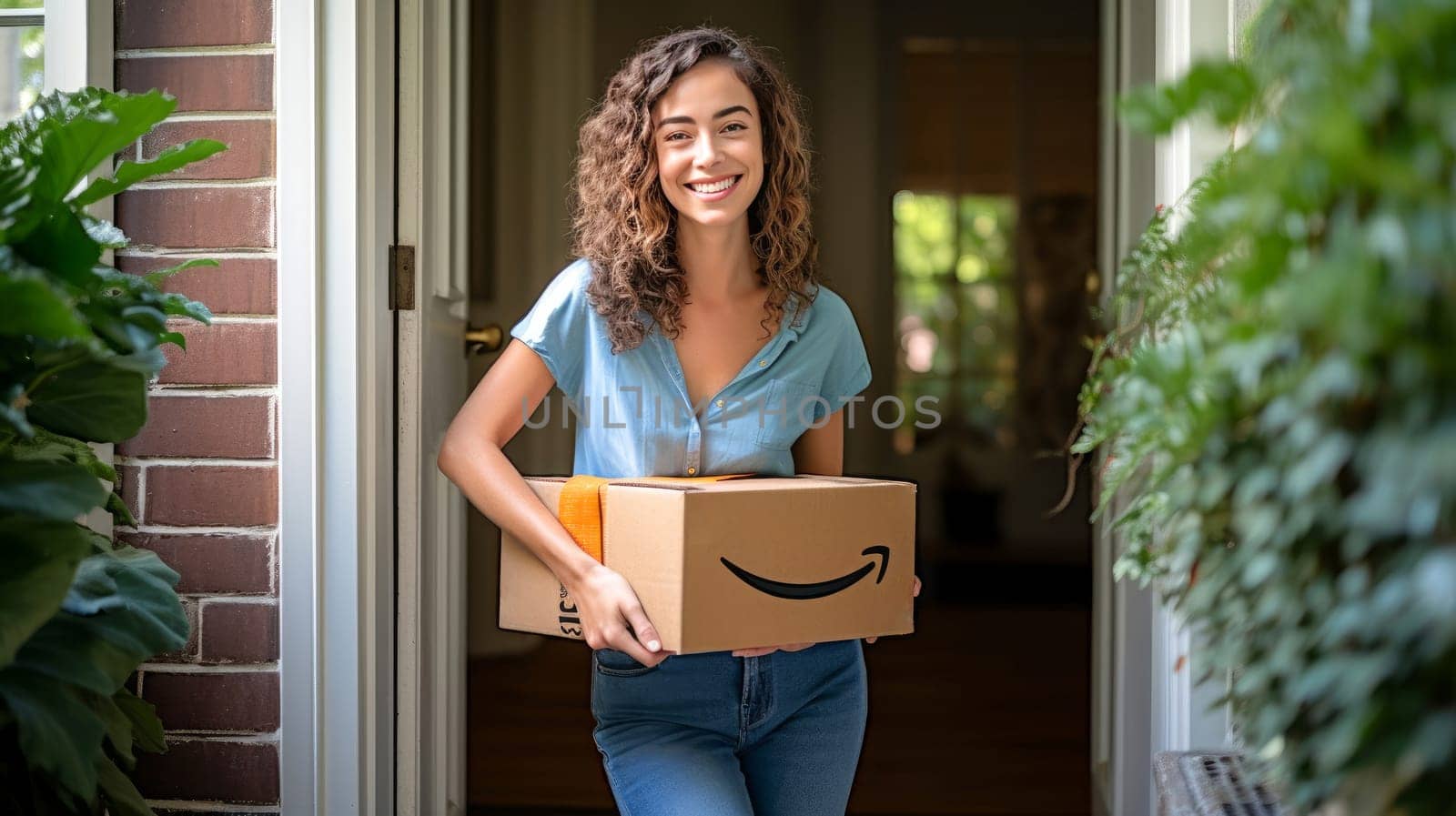 Smiling woman holding Amazon Prime cardboard parcel box against front door house entrance. Black Friday sale. Online shopping. Generative ai