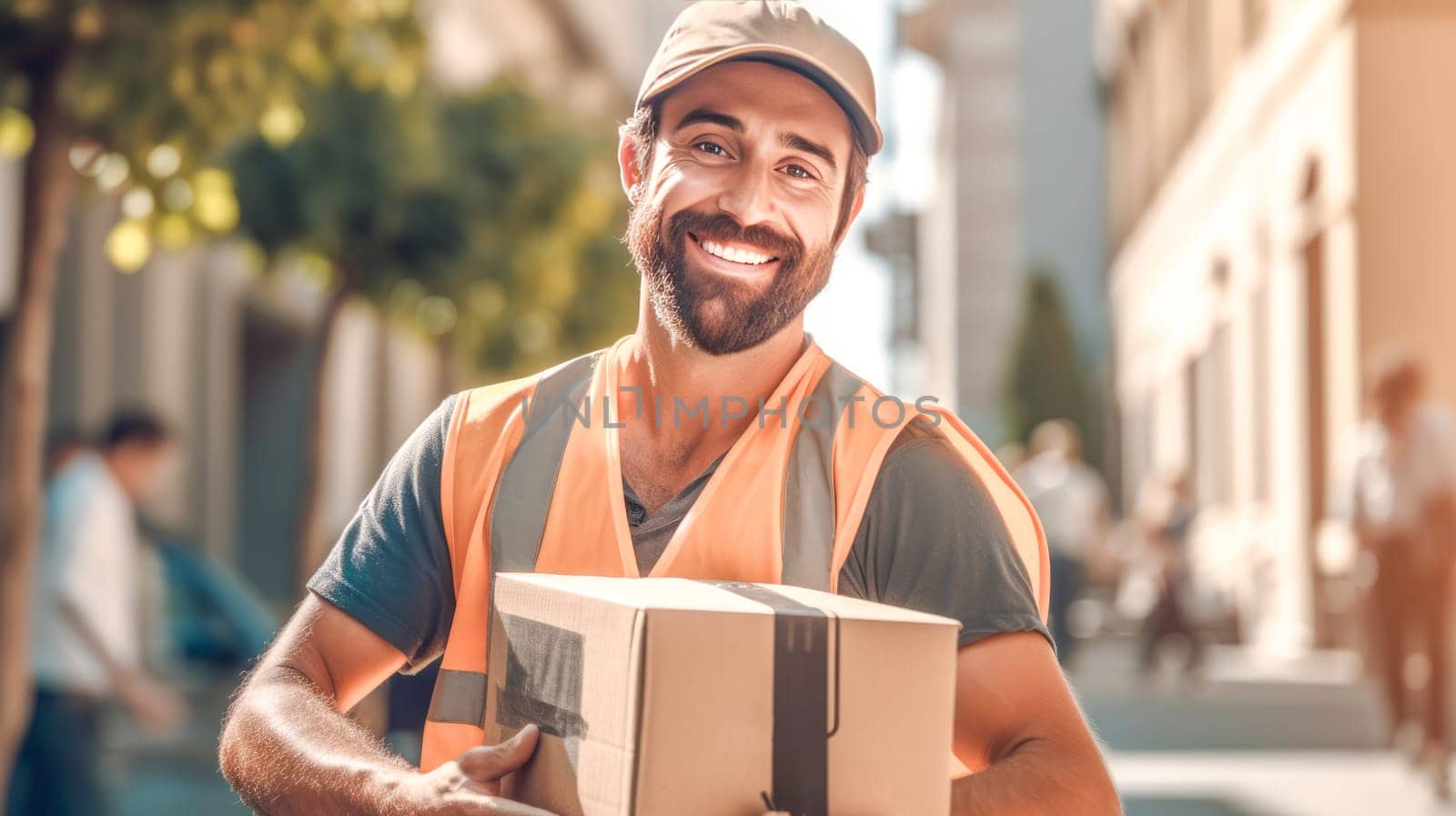 Smiling delivery man holding cardbox parcel box looking at camera blurred street background. Generative ai
