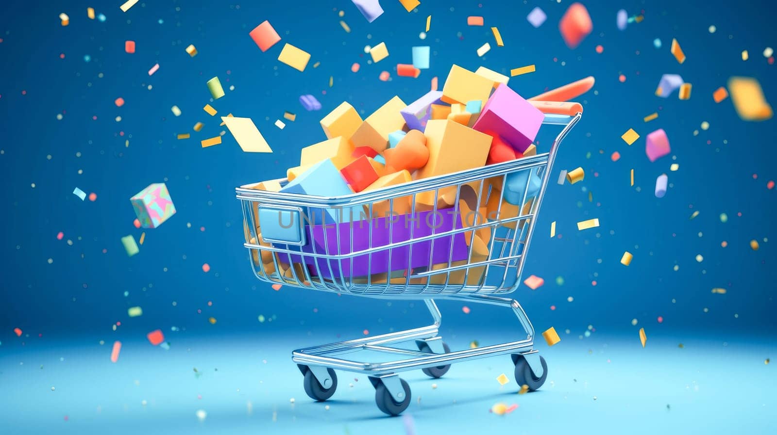 Shopping cart full of colorful gift boxes on blue background with confetti. Black Friday sale. Online shopping. Generative ai