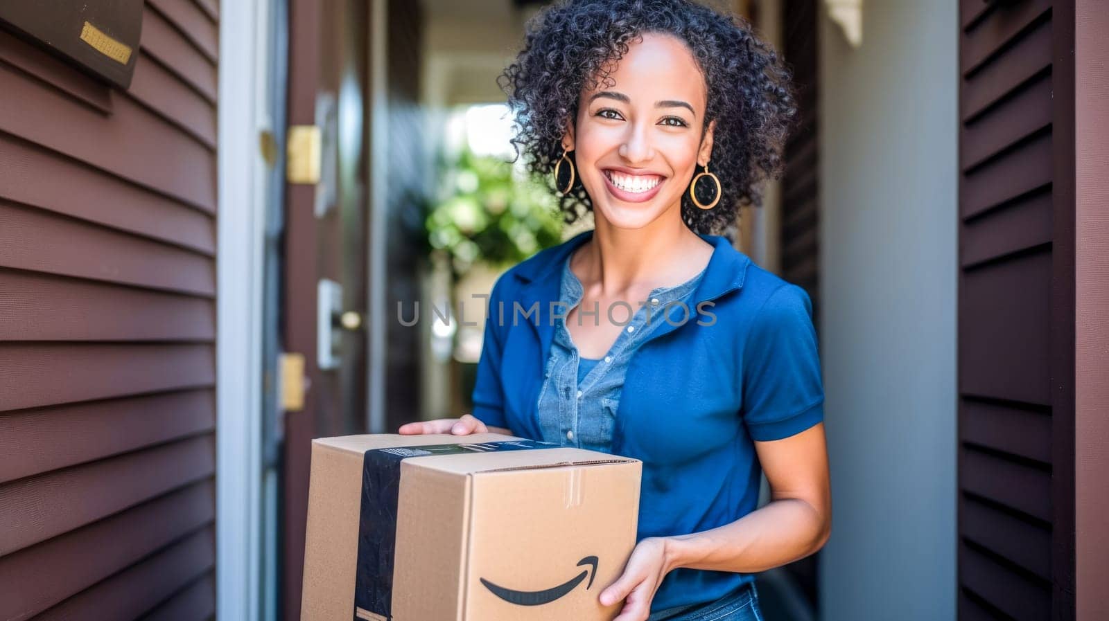 Smiling woman holding Amazon Prime cardboard parcel box against front door house entrance. Black Friday sale. Online shopping. Generative ai