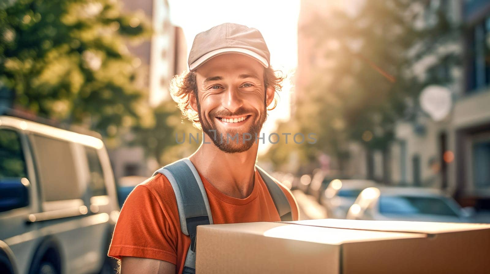 Smiling delivery man holding cardbox parcel box looking at camera blurred street background. Generative ai