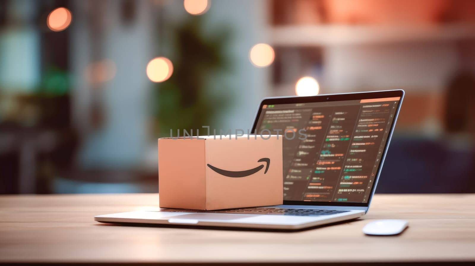Delivered parcel box on table with laptop blurred home background. Amazon Prime shopping. Online shopping. Generative Ai