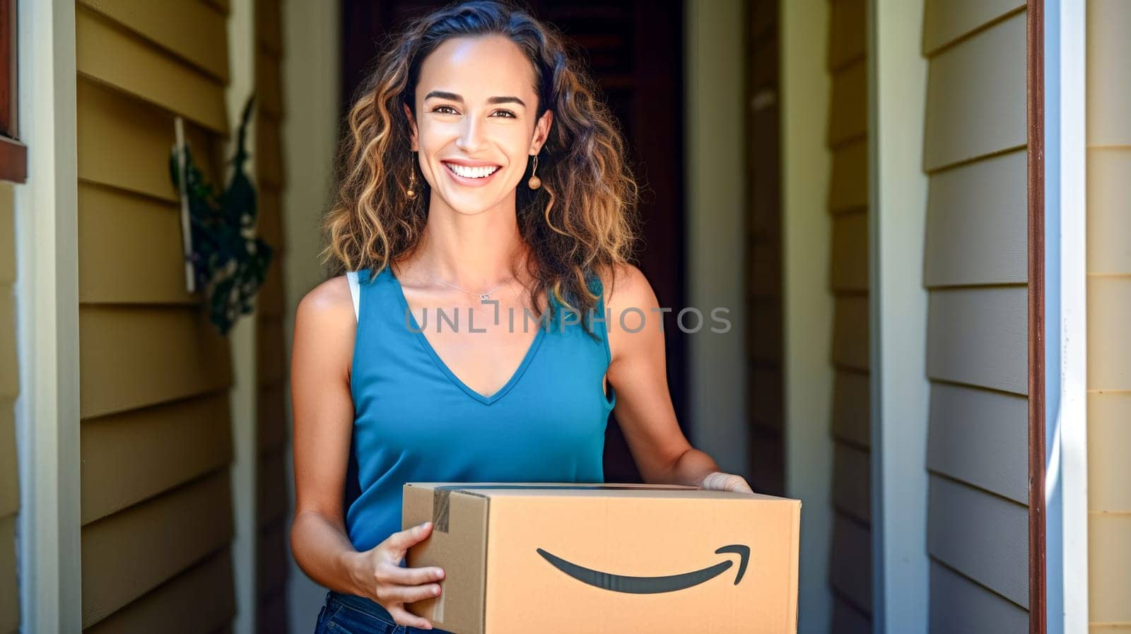 Smiling woman holding Amazon Prime cardboard parcel box against front door house entrance. Black Friday sale. Online shopping. Generative ai