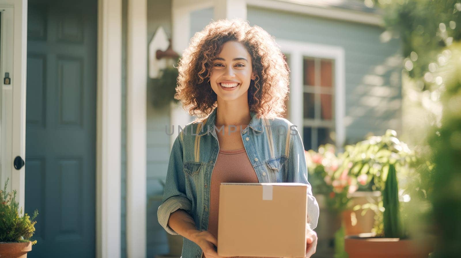 Smiling woman holding cardboard parcel box against front door house entrance. Black Friday sale. Online shopping. Generative ai