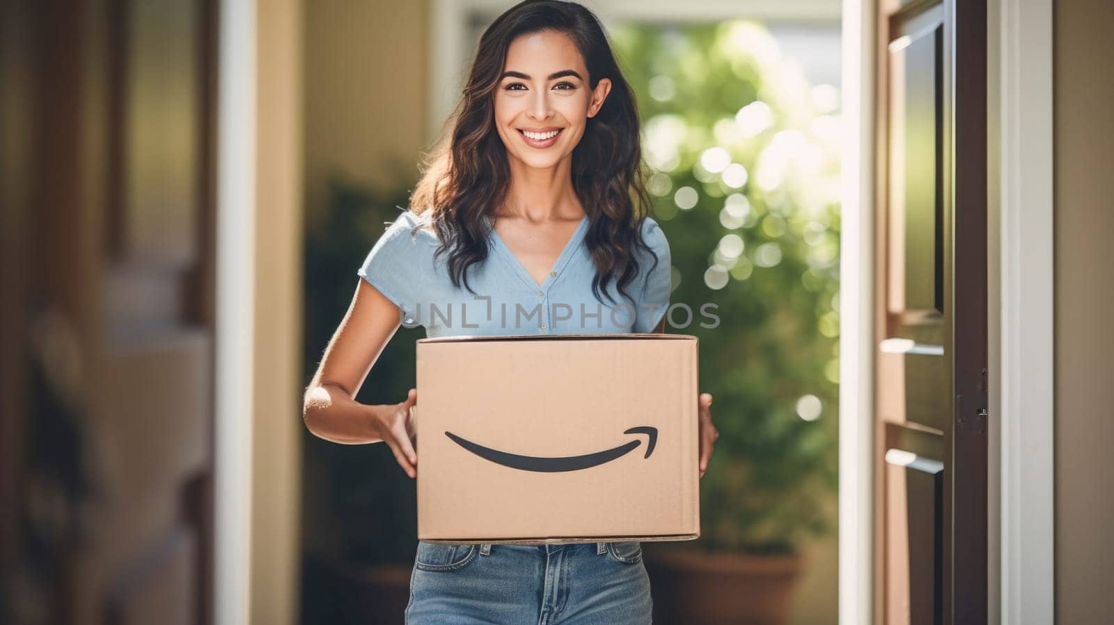 Smiling woman holding Amazon Prime cardboard parcel box against front door house entrance. Black Friday sale. Online shopping. Generative ai