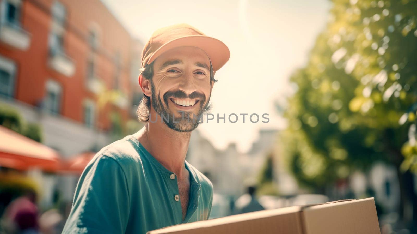 Smiling delivery man holding cardbox parcel box looking at camera blurred street background. Generative ai