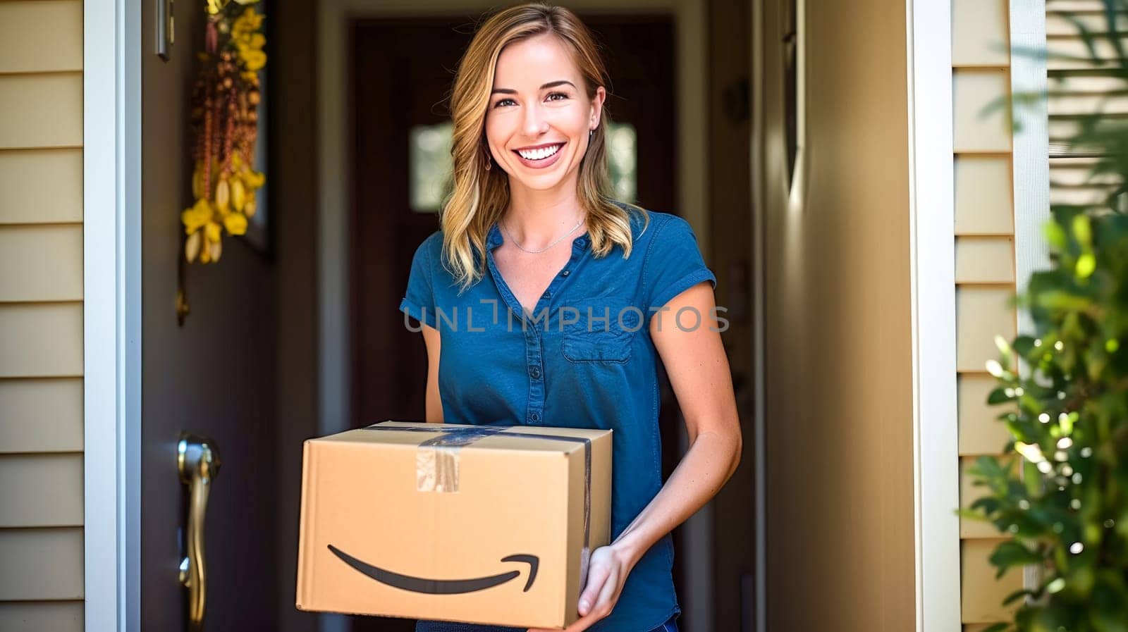 Smiling woman holding Amazon Prime cardboard parcel box against front door house entrance. Black Friday sale. Online shopping. Generative ai