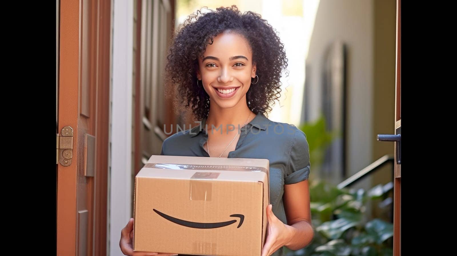 Smiling woman holding Amazon Prime cardboard parcel box against front door house entrance. Black Friday sale. Online shopping. Generative ai