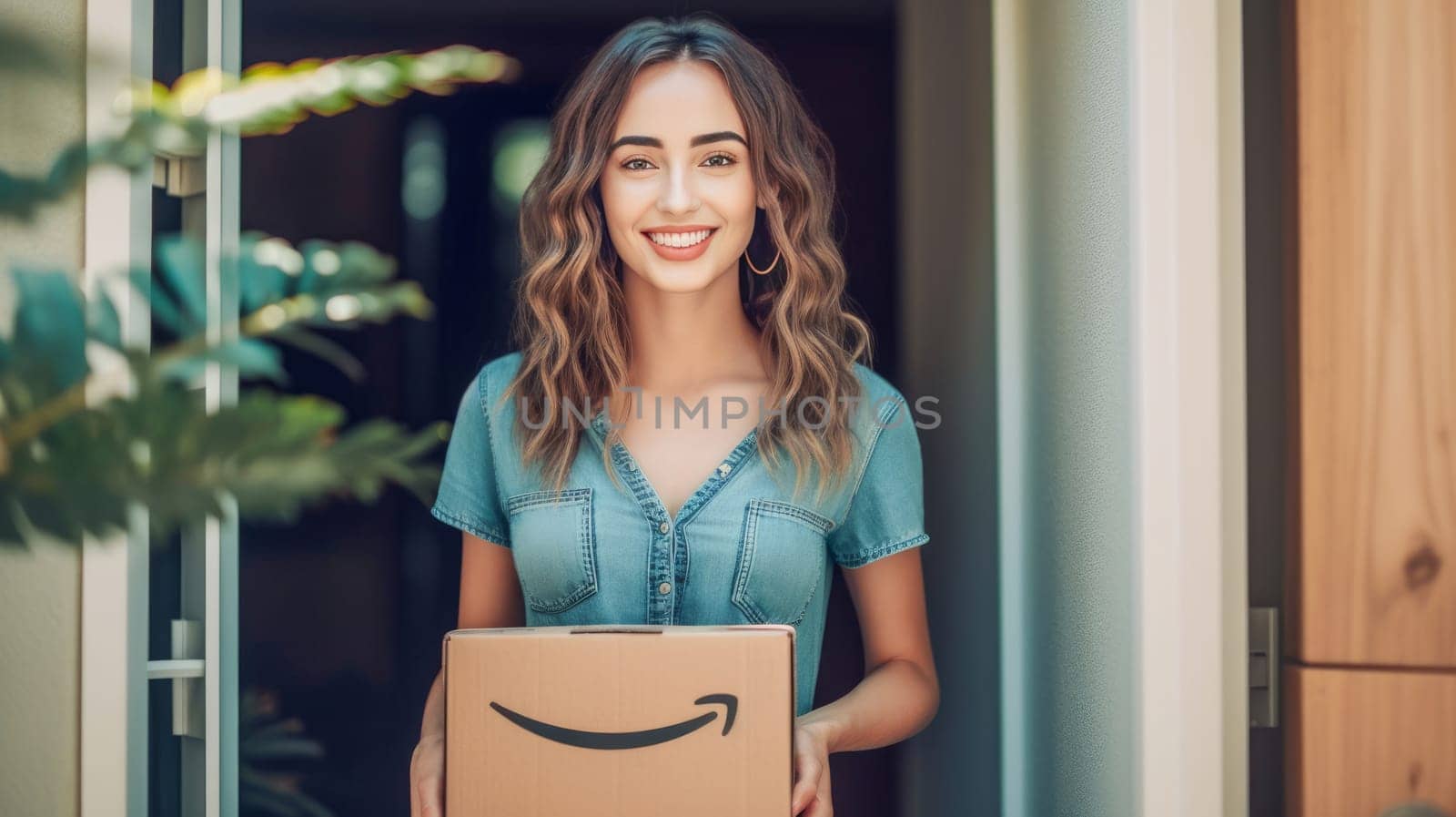 Smiling woman holding Amazon Prime cardboard parcel box against front door house entrance. Black Friday sale. Online shopping. Generative ai