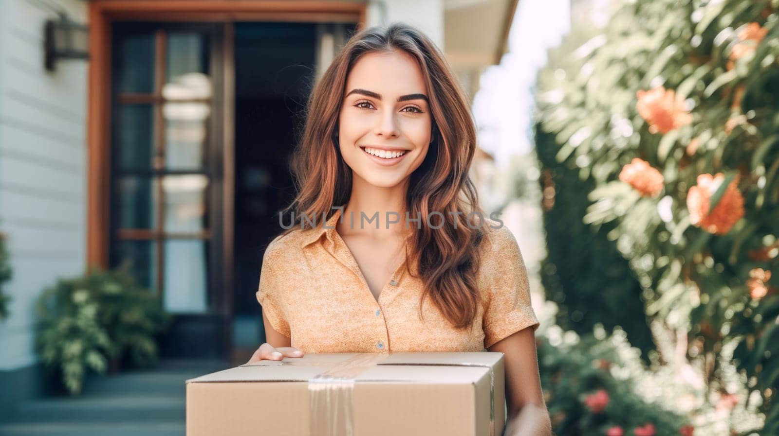 Smiling woman holding cardboard parcel box against front door house entrance. Black Friday sale. Online shopping. Generative ai