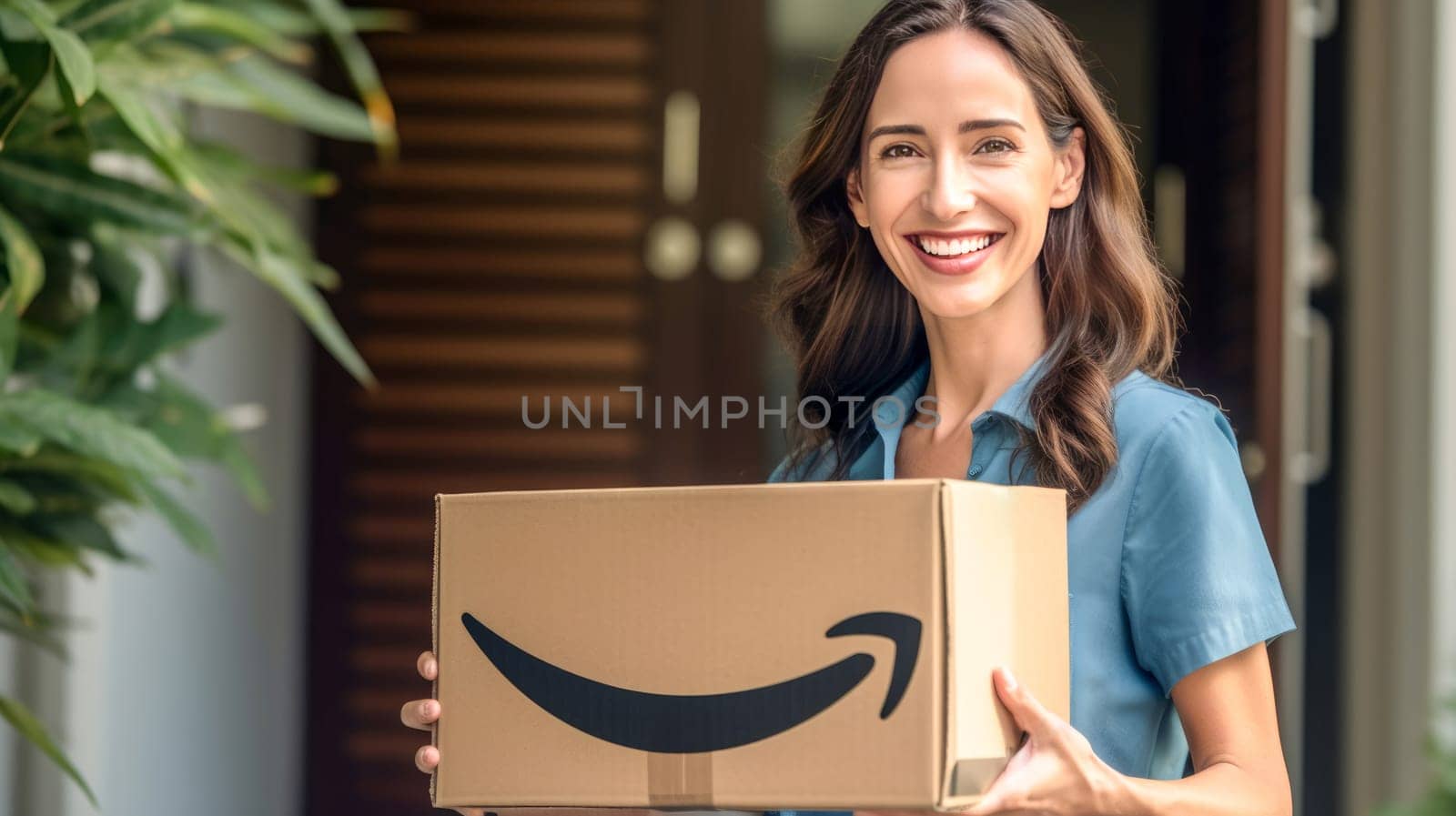 Smiling woman holding Amazon Prime cardboard parcel box against front door house entrance. Black Friday sale. Online shopping. Generative ai