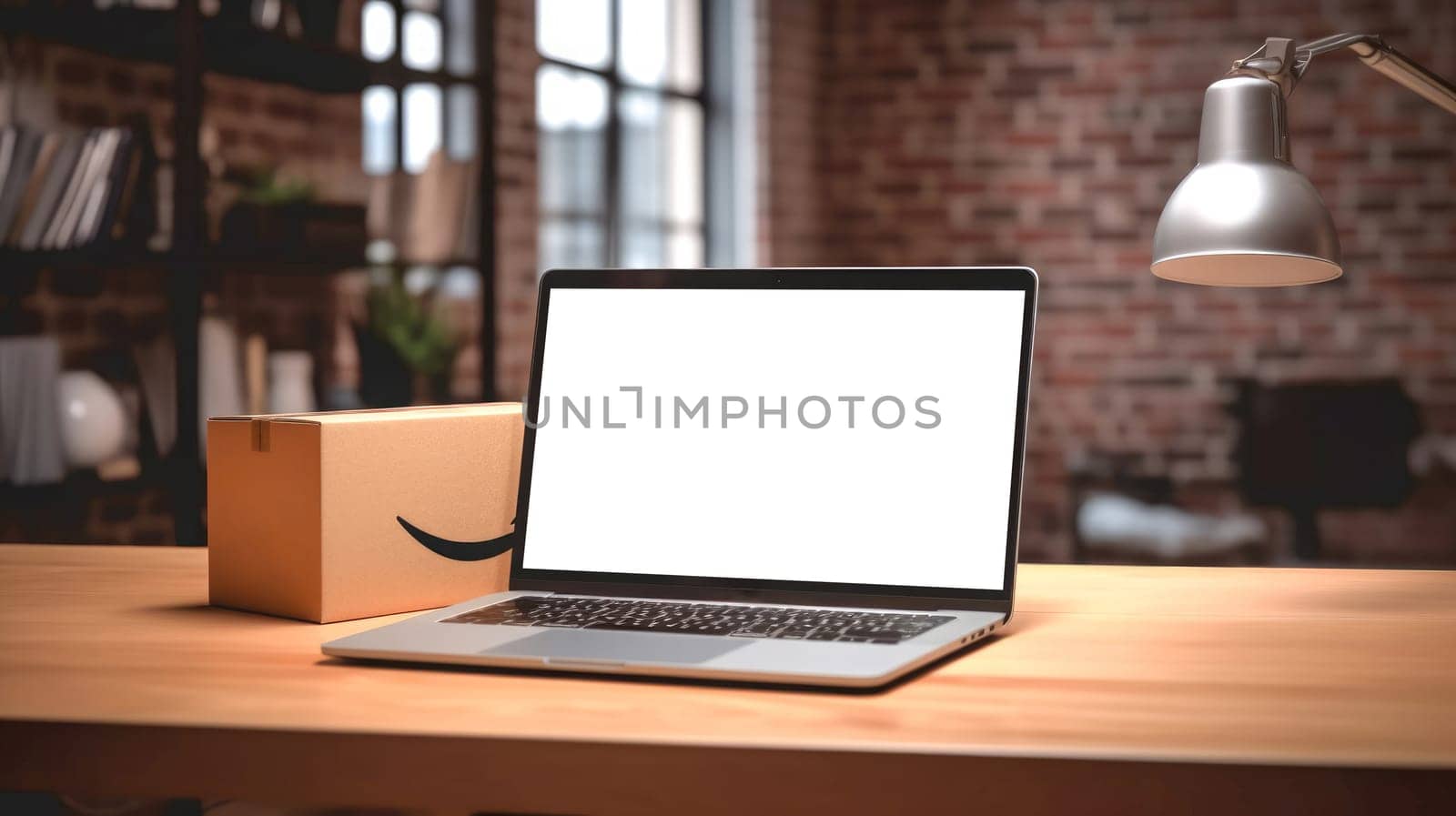 Delivered parcel box on table with laptop blurred home background. Amazon Prime shopping. Online shopping. Generative Ai