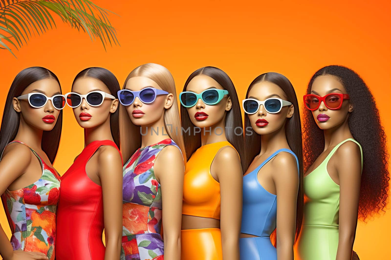 Glamorous model girls demonstrate summer beach swimwear and outfits. Generative AI. High quality illustration