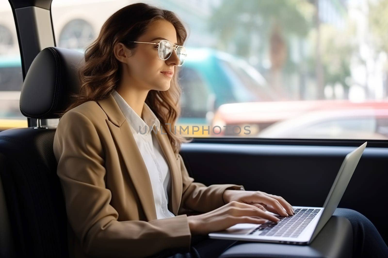 Business lady in a taxi works on a laptop. Generative AI. High quality illustration