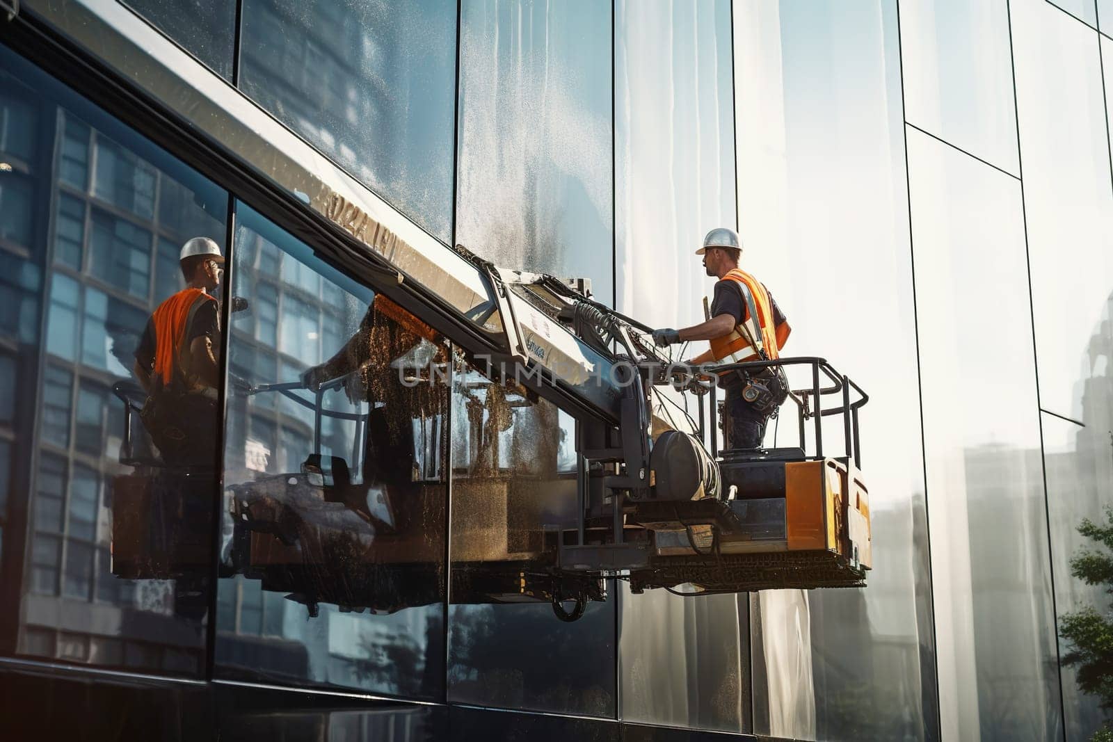 A professional industrial climber washes a window on a lifting platform. Generative AI. High quality illustration