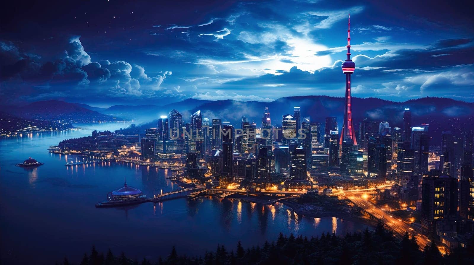 Modern metropolis in the evening from a bird's eye view. Generative AI. High quality illustration
