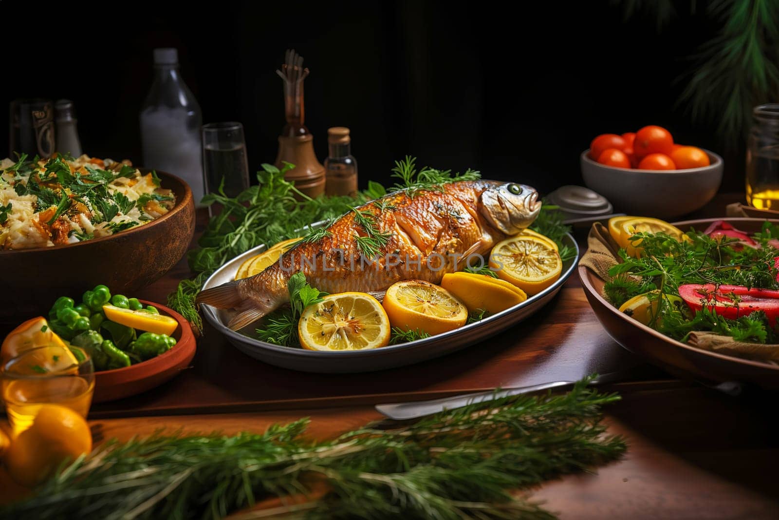 Baked fish with lemon. Serving meals from the chef. Generative AI. High quality illustration