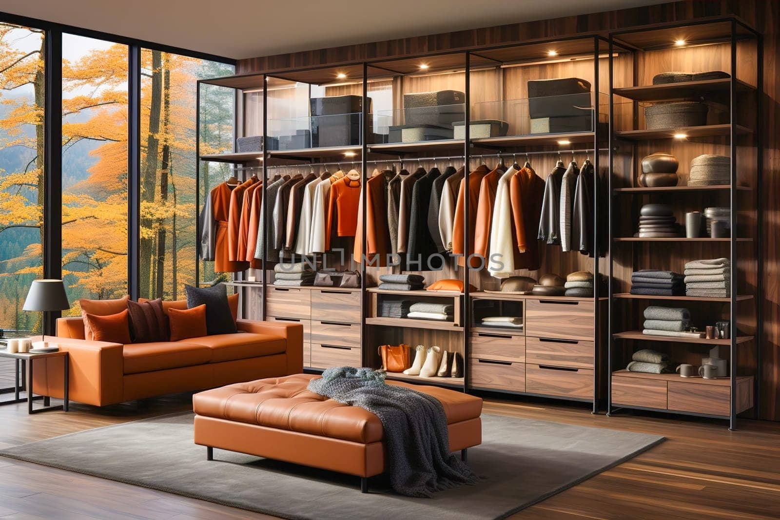 Modern, stylish dressing room in dark colors. Generative AI. High quality illustration