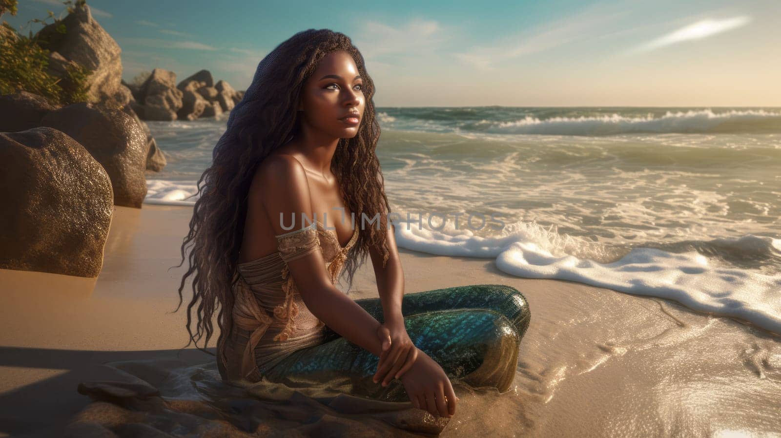 Cute African-American girl with long hair, in a mermaid costume, sits on the beach, near the sea, looking at the side of the sea. Ai generative