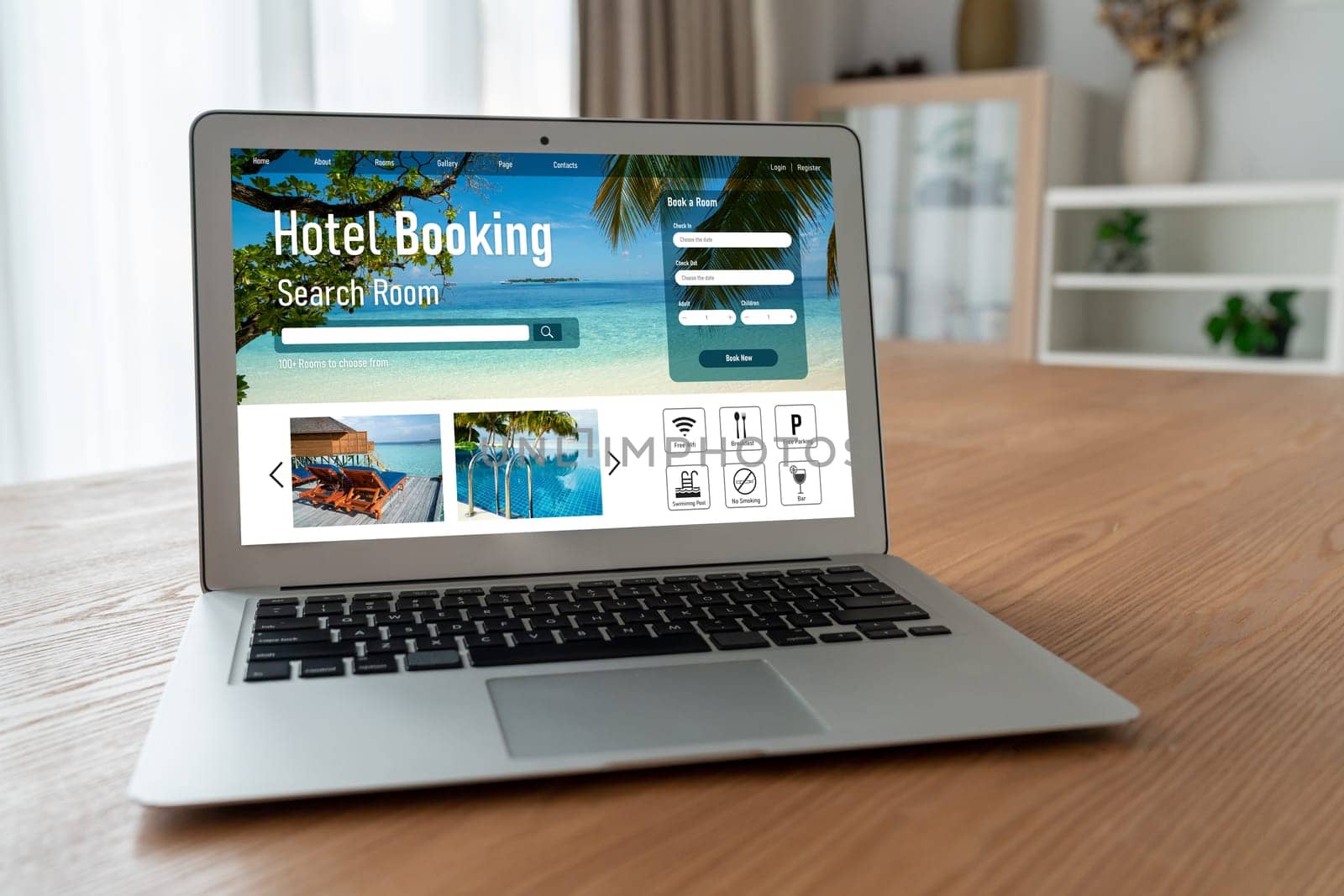 Online hotel accommodation booking website provide modish reservation system . Travel technology concept .