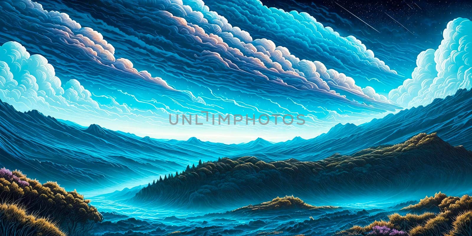 Illustration of jupiter clouds, alien landscape and vegetation . AI Generative