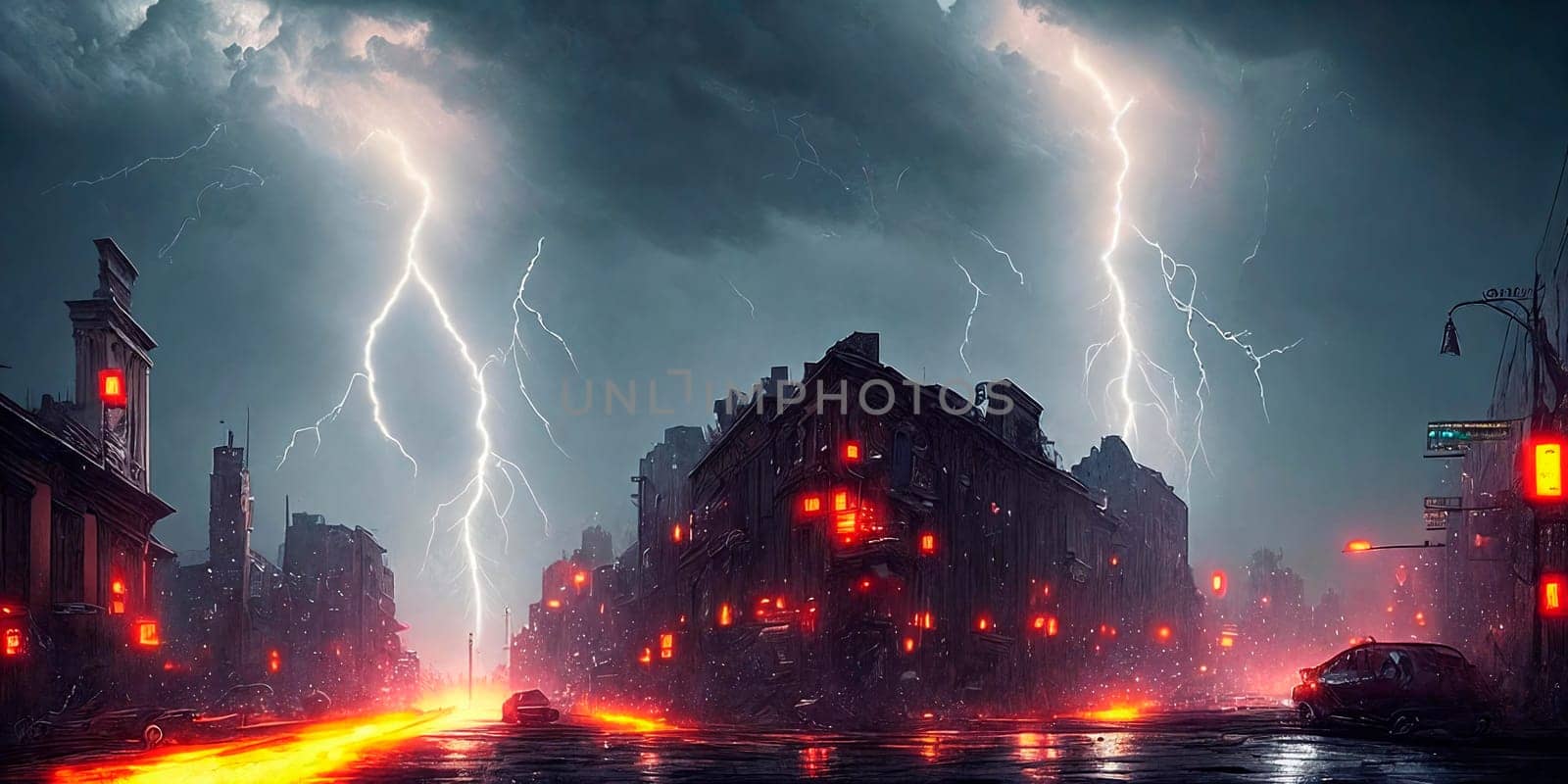 Lightning over the ruined city.at night AI Generative