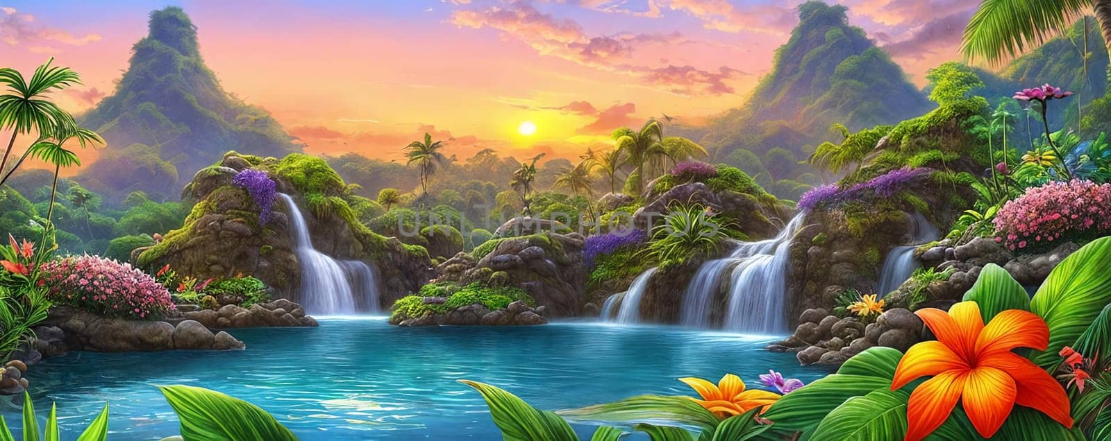 Fantasy landscape with waterfalls, flowers and tropical plants on foreground, panorama. Generative AI