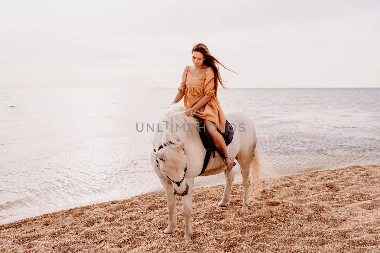 A woman in a dress stands next to a white horse on a beach, with the blue sky and sea in the background