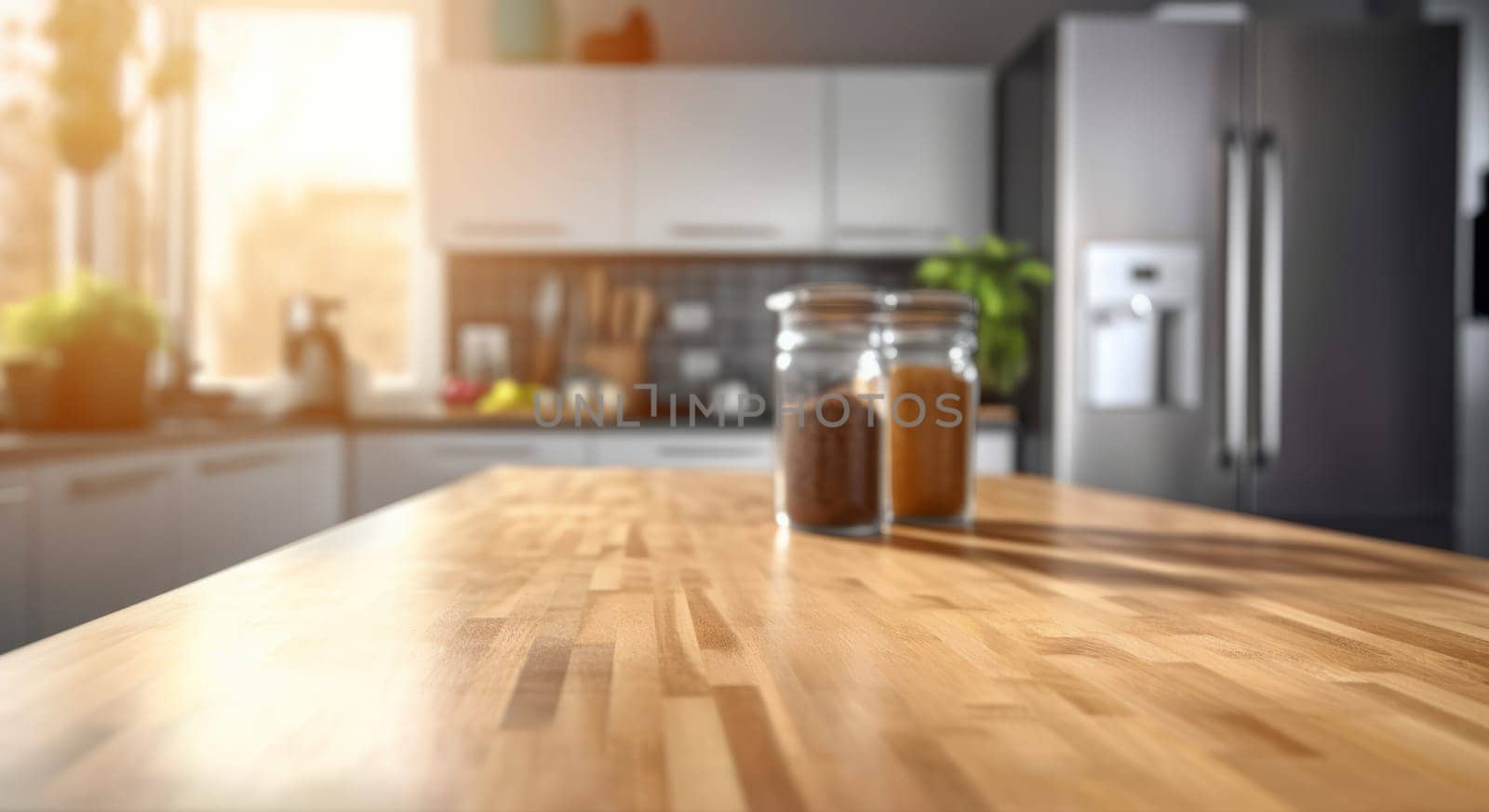 wood table top and blur bokeh modern kitchen interior with window background. Ai generative