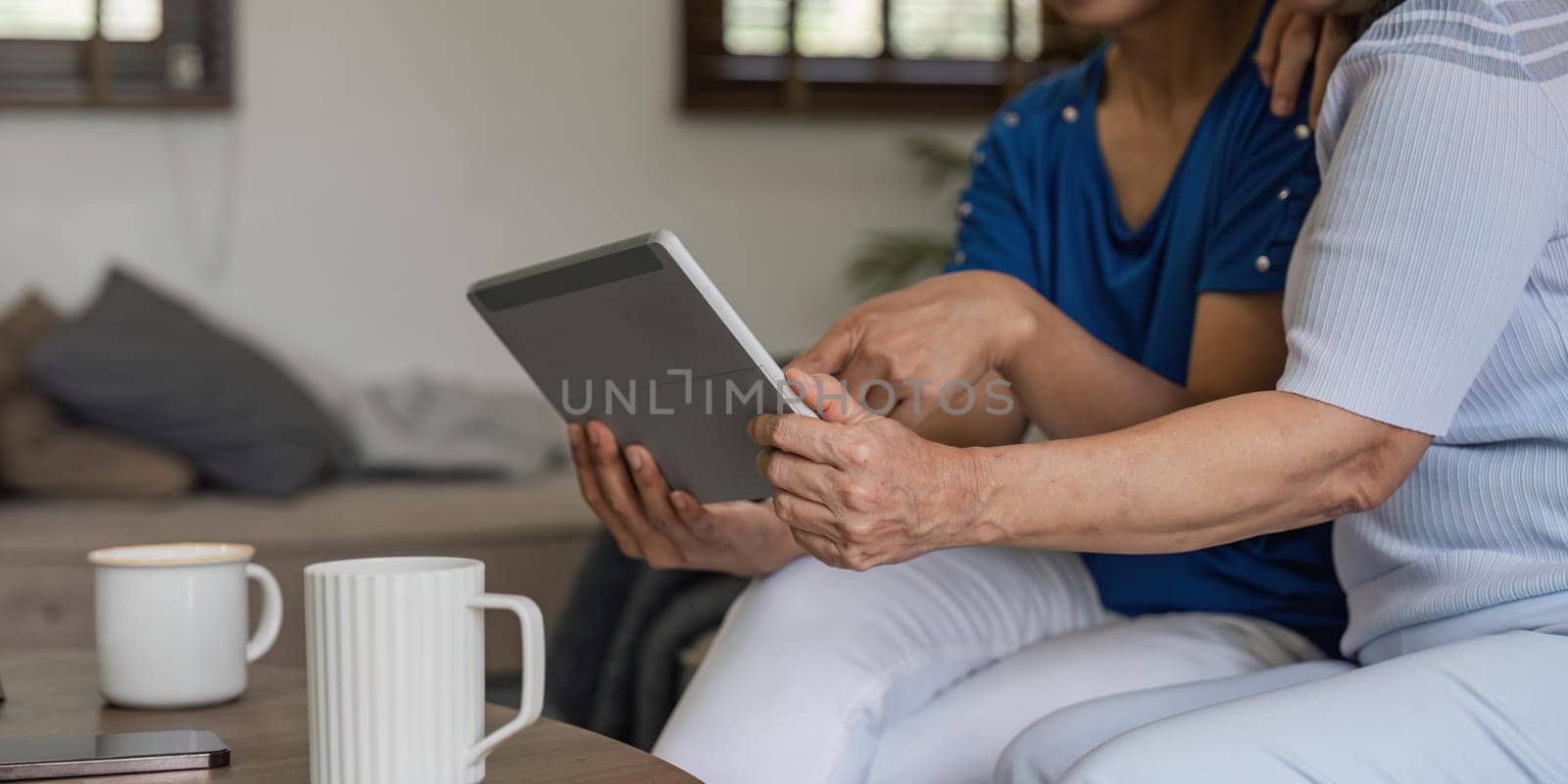 Senior female friend using digital tablet together.