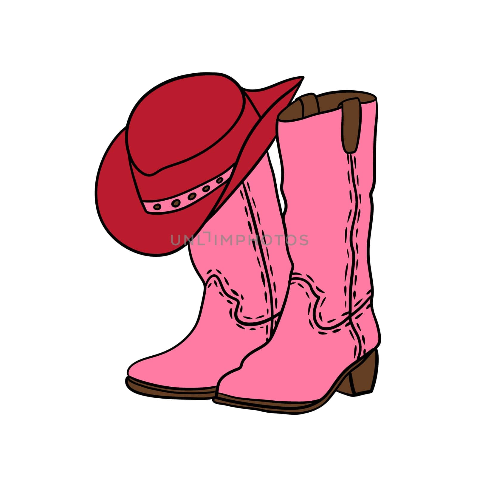 Hand drawn illustration of pink cowboy cowgirl boots red hat in western southwestern style. Black line drawing of ranch adventure design, wild west american print, colorful cartoon shoes. by Lagmar