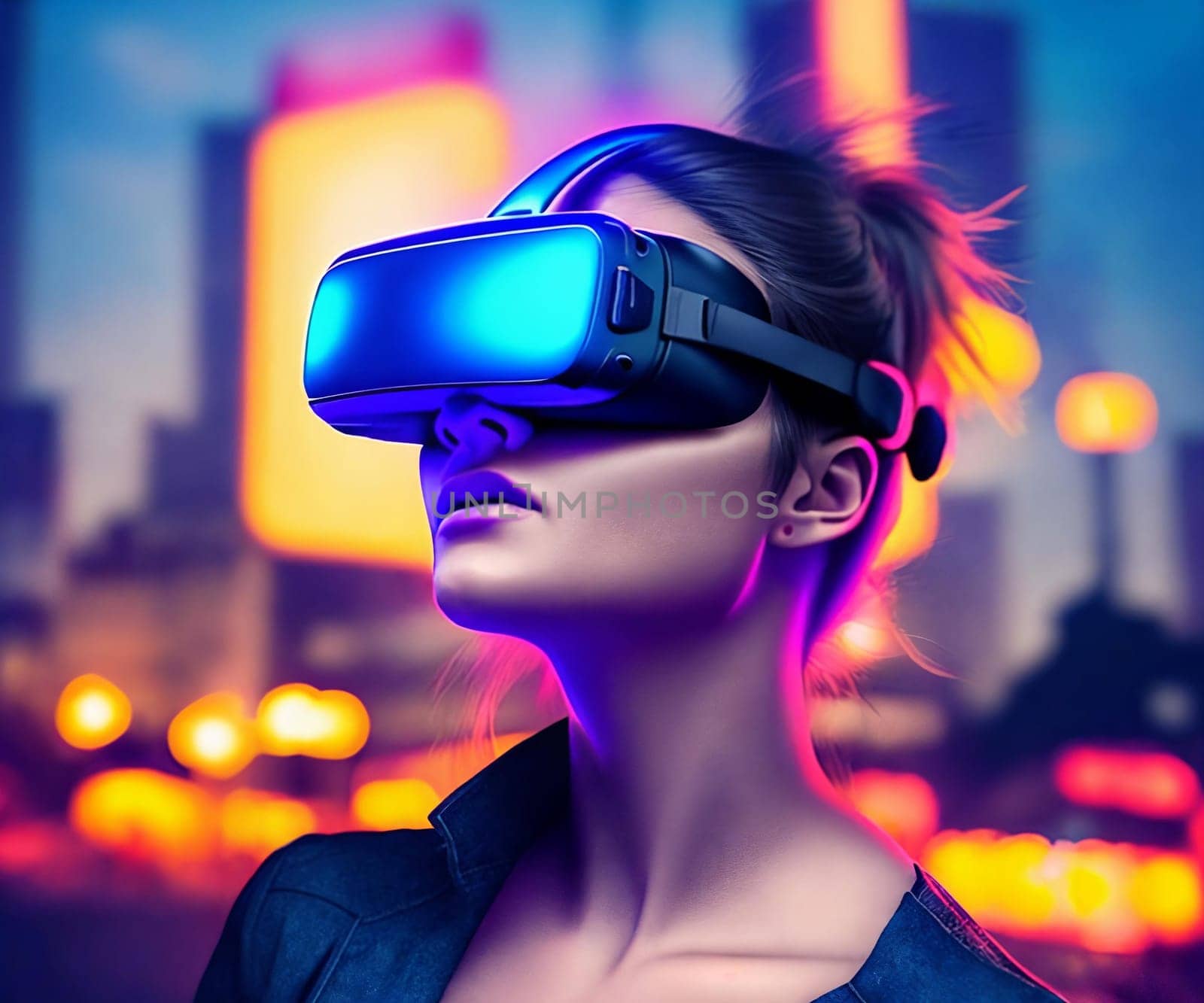 Woman portrait wearing VR glasses, city on background . AI Generative