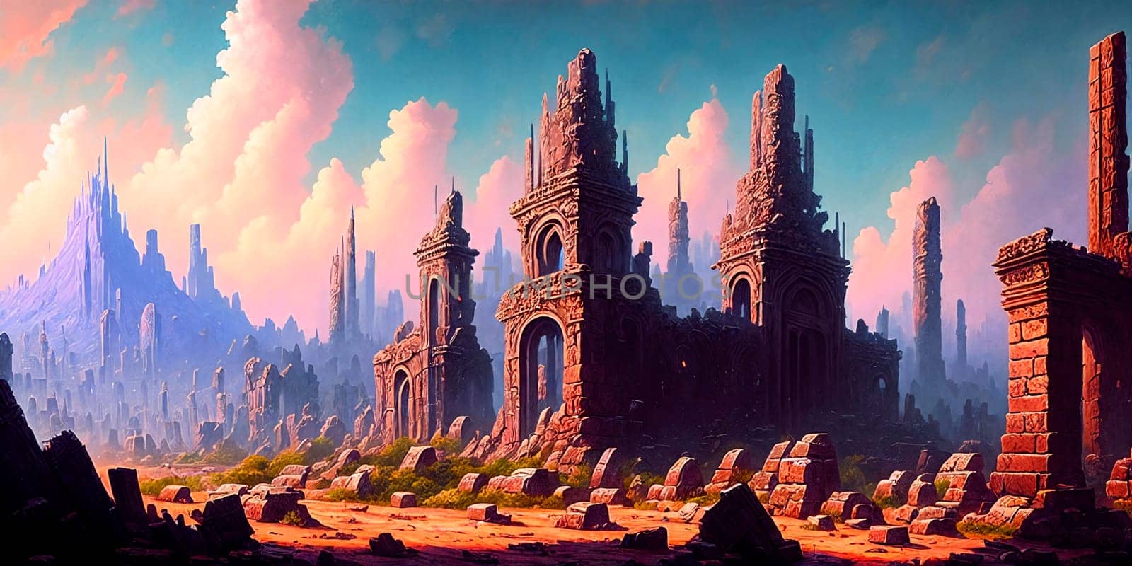 Digital painting of a ruins of a gigantic fantasy city destroyed by the greatest cataclysm of all time . AI Generative